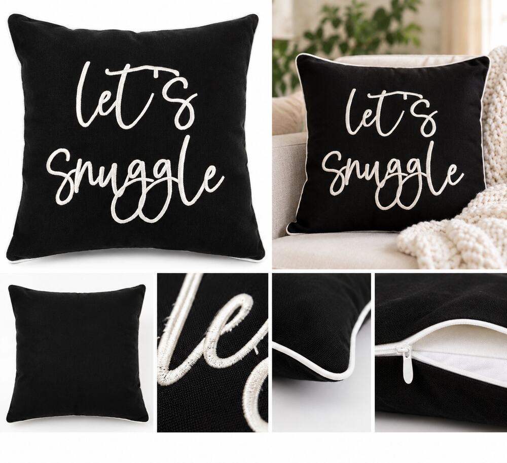 “Let’s Snuggle” Black & White Decorative Throw Pillow Cover 18x18